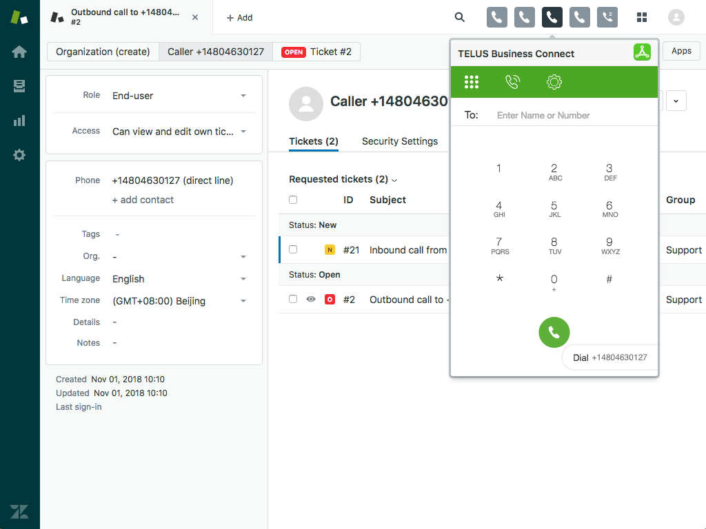TELUS Business Connect App Integration with Zendesk Support